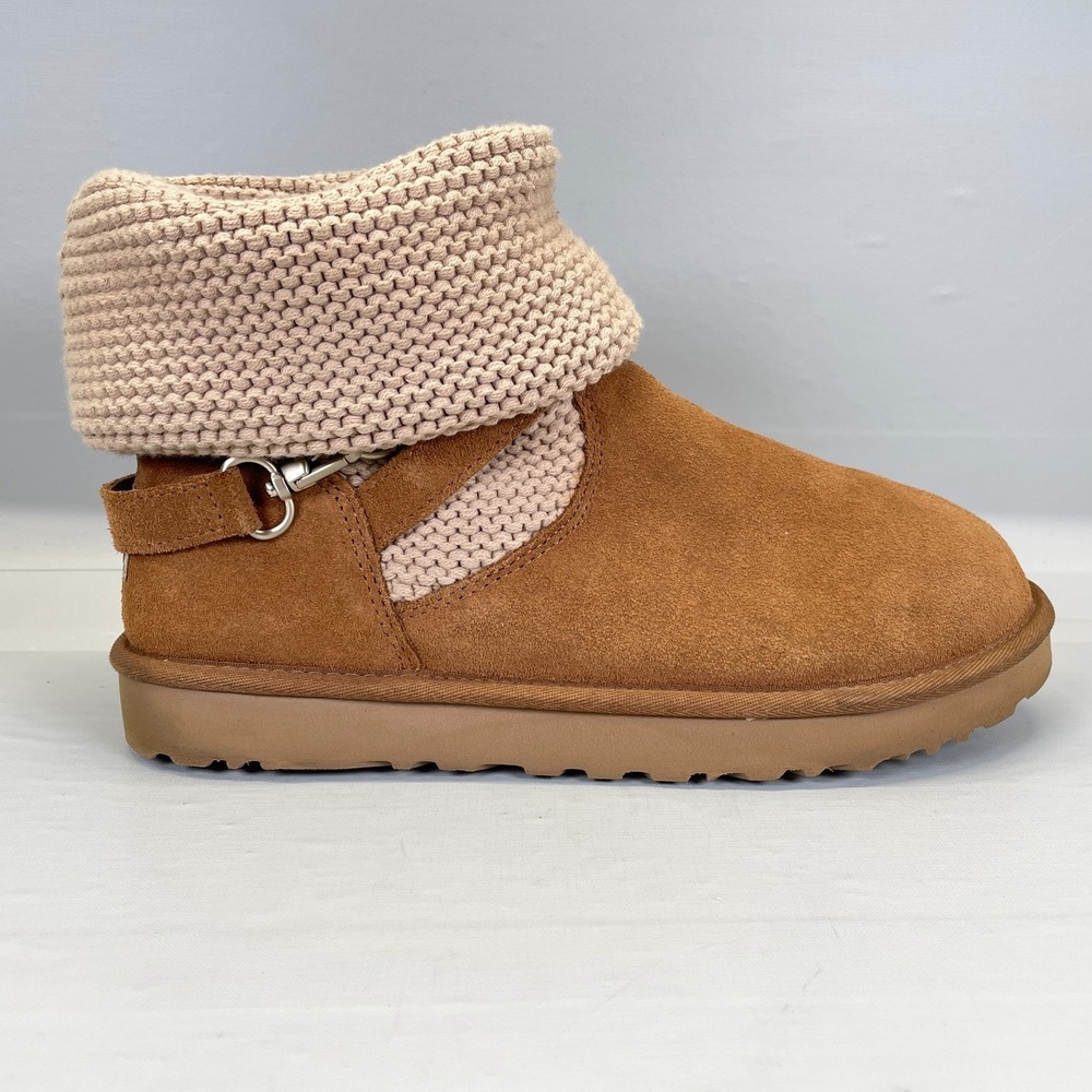 UGG Purl Strap Boots Womens Size 11 Brown Suede Knit Cuff Pull On Comfort Shoes